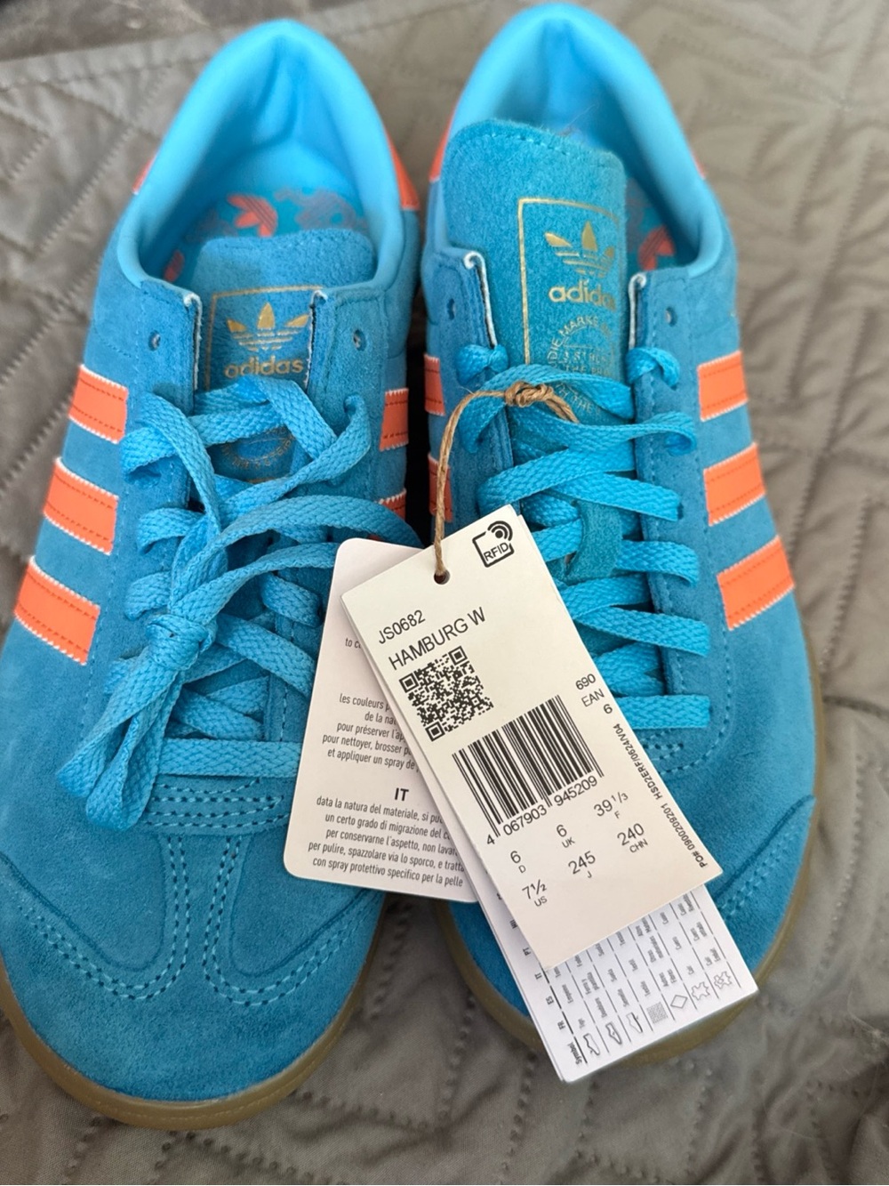 adidas Women’s Hamburg Sneakers Bright Blue Orange Stripes JS0682 NWOB Size 7.5